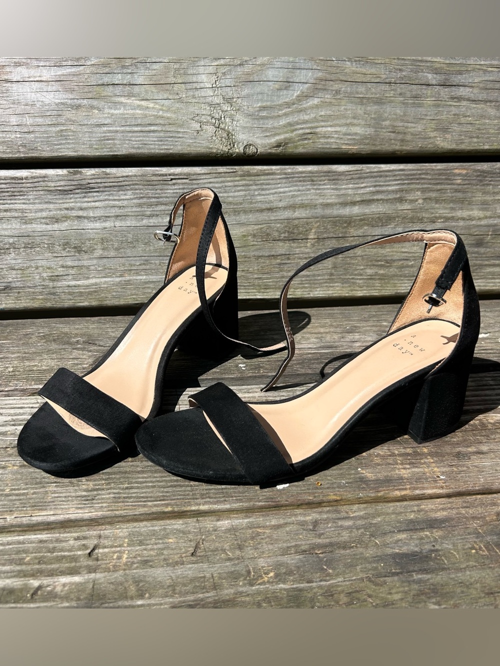 Black Suede Open Toe Block Heels with Ankle Strap Size 7 Women